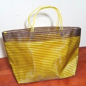 Vtg Vinyl Lined Acrylic Handled Tote Yellow Striped Tote